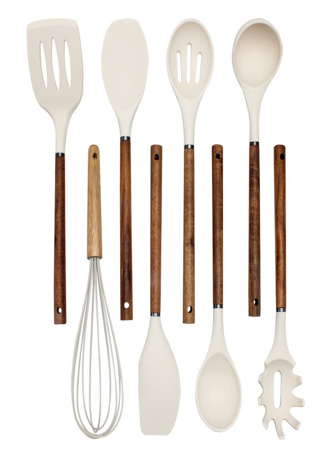 Country Kitchen طقم أدوات مطبخ من السيليكون غير اللاصق من كانتري كيتشن بمقابض خشبية مستديرة للطبخ والخبز، طقم من 8 قطع، لون كاكي - Image 1